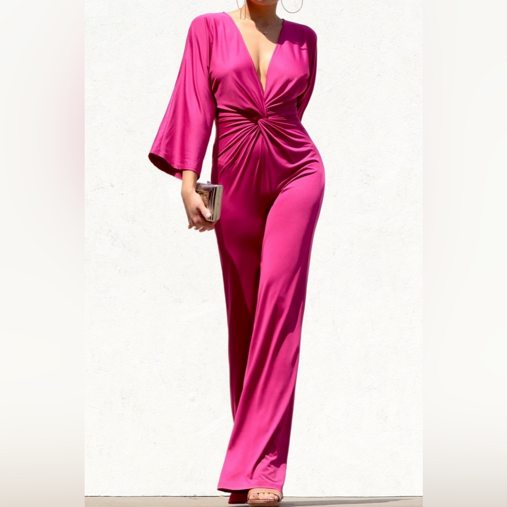Woman Jumpsuit pink Magneta Barbie pink color. Wide leg. Long sleeves